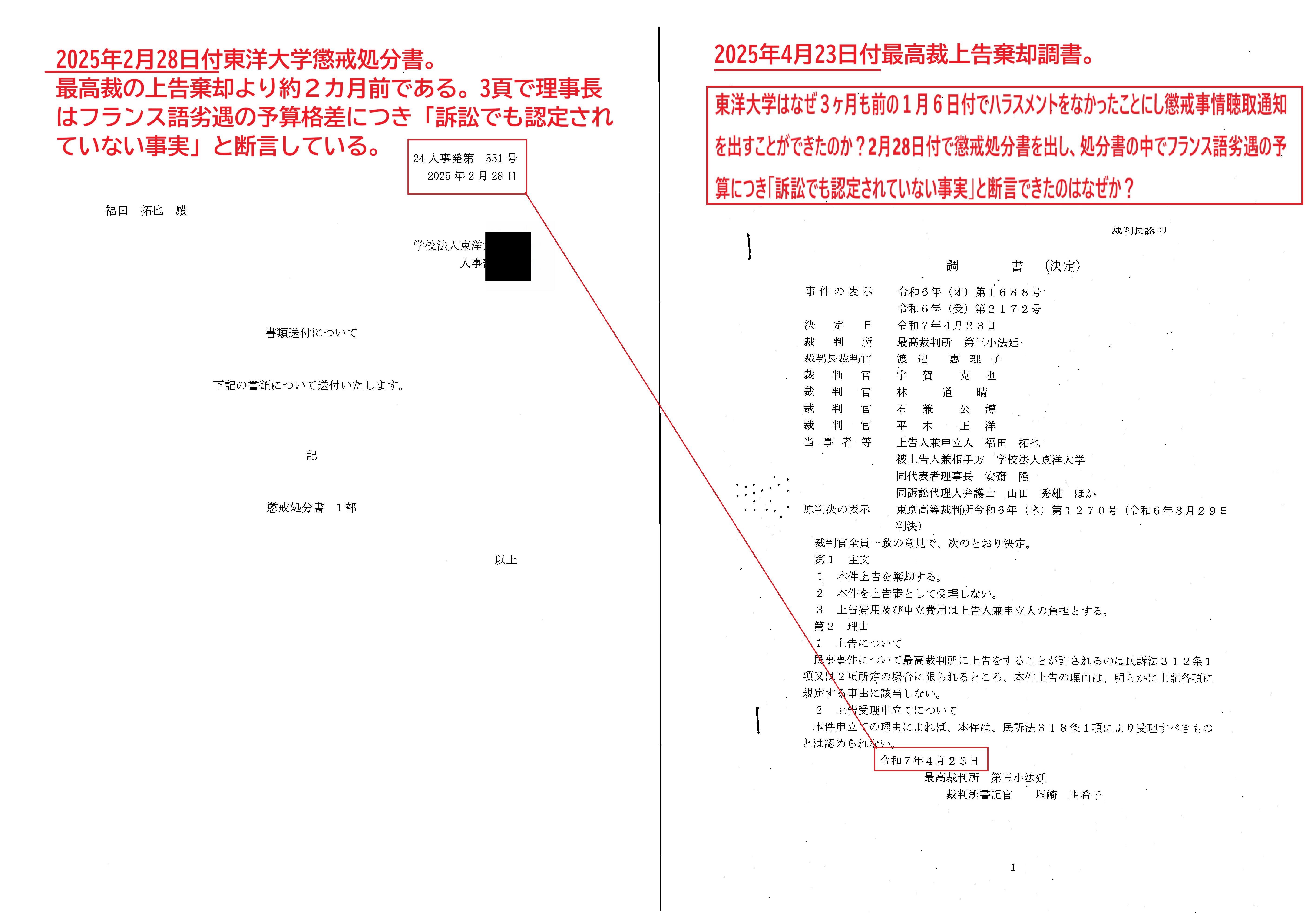 懲戒処分書表紙と最高裁不受理通知